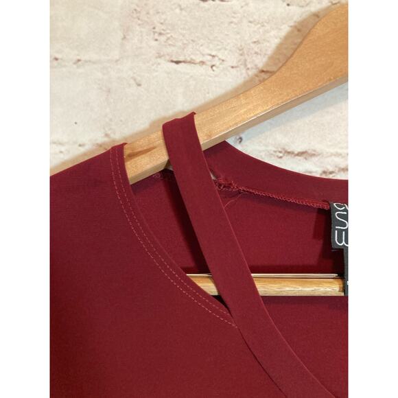 Clara Sun Woo Tunic Top Womens Small Maroon Asymmetric Cutout Artsy Stretch - Picture 2 of 12